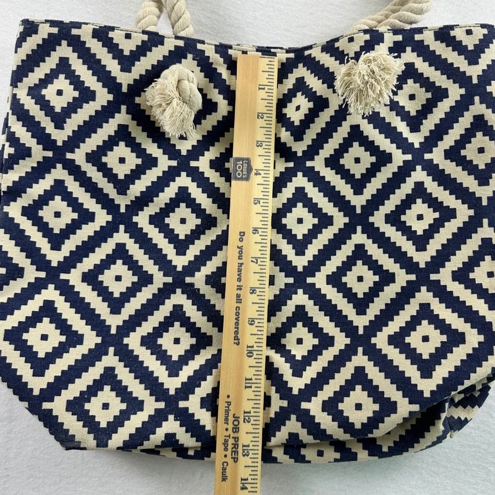 Summer & Rose Navy Blue Geometric Canvas Tote Bag Rope Handle Nautical Beach Bag